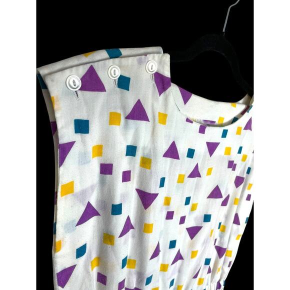 Vintage 80s Lightweight White Geometric Multicolor Cotton Handmade Romper Shorts - Picture 3 of 4